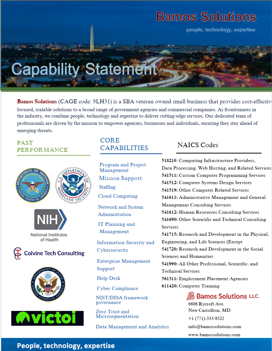 First page of the Bamos Solutions capability statement
